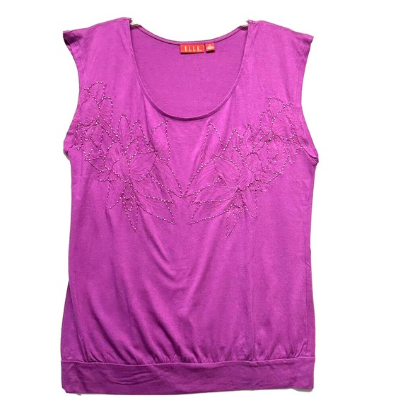 Elle Sleeveless Blouse Women Size S Fushia Beaded Embroidery Scoop Neck - Picture 1 of 12